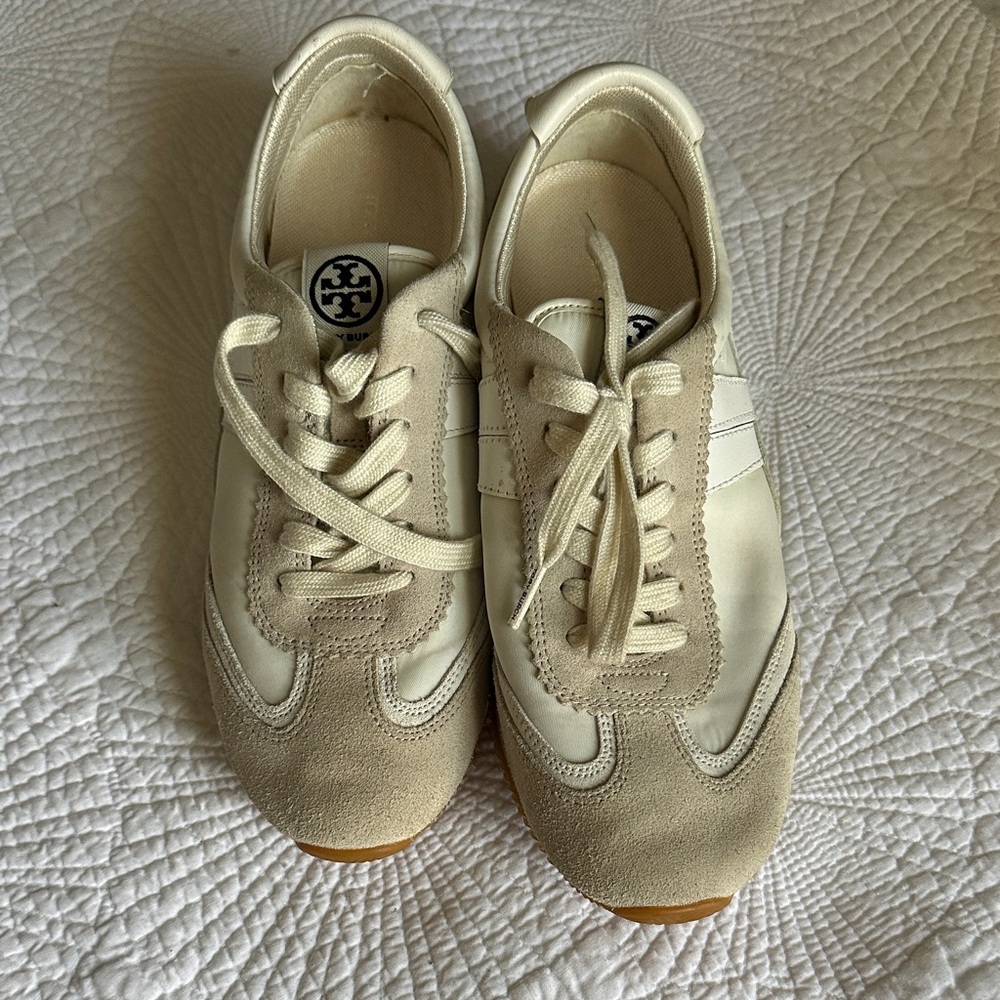 Tory Burch Beige and White Lace-Up Sneakers